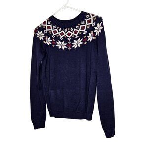 Hope & Henry Navy Fair Isle Organic Cotton Sweater M Nordic Snowflake Crewneck